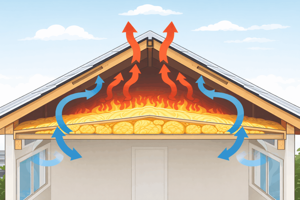 How a New Metal Roof Can Lower Your Brisbane Home Cooling Costs 3 Diagram showing airflow, insulation, and heat release in a metal roofing system.