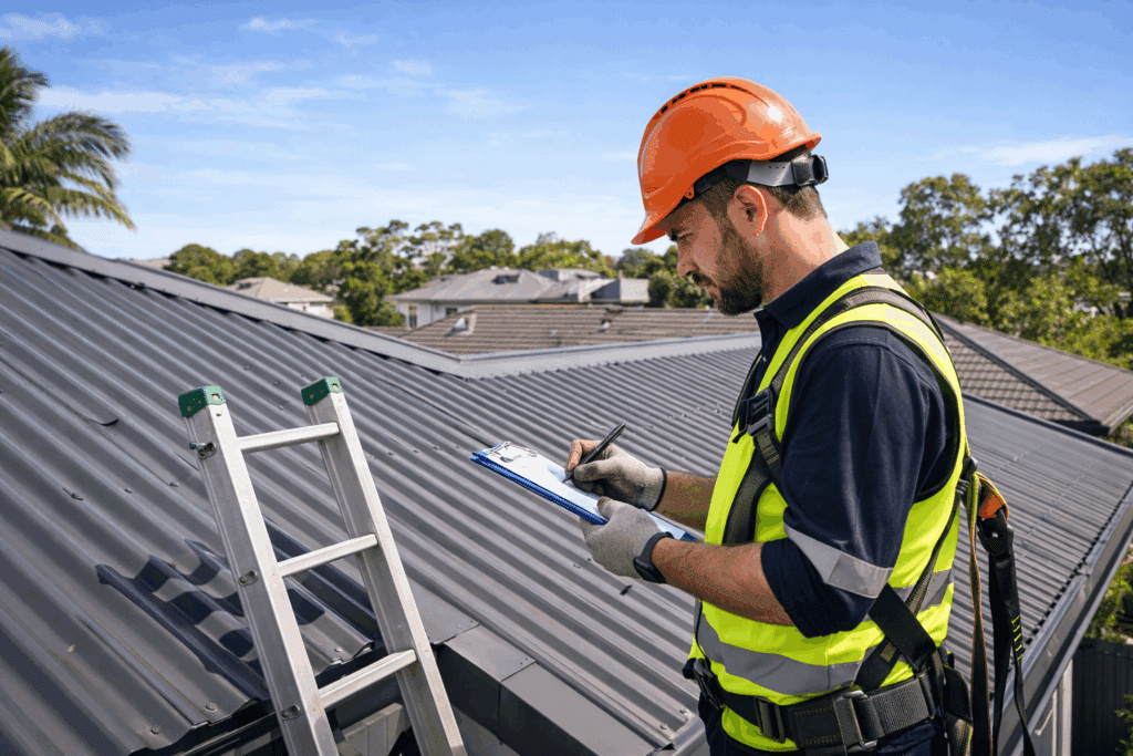 Licensed metal roofer carrying out a detailed on-site roof inspection at a Brisbane home