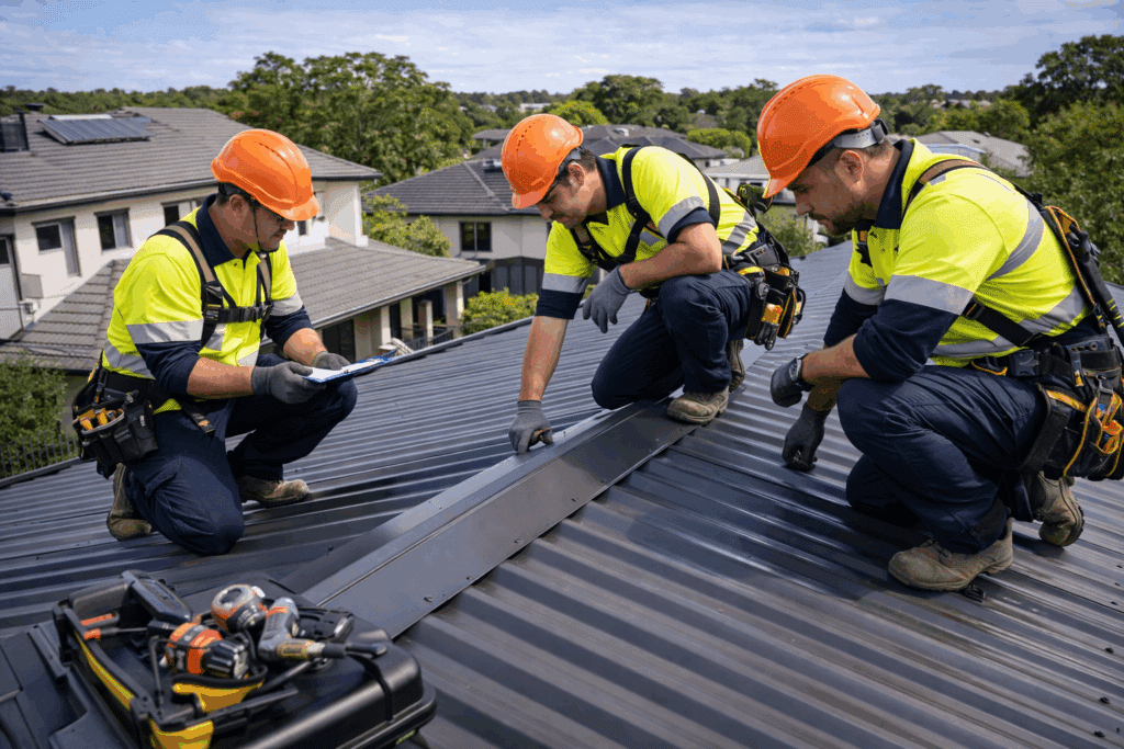 Roofing specialists completing a final quality inspection on a newly installed metal roof