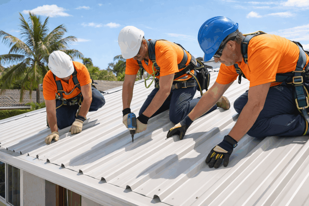 How a New Metal Roof Can Lower Your Brisbane Home Cooling Costs 4 Licensed Brisbane roofing professionals installing a metal roof using safe and compliant methods.