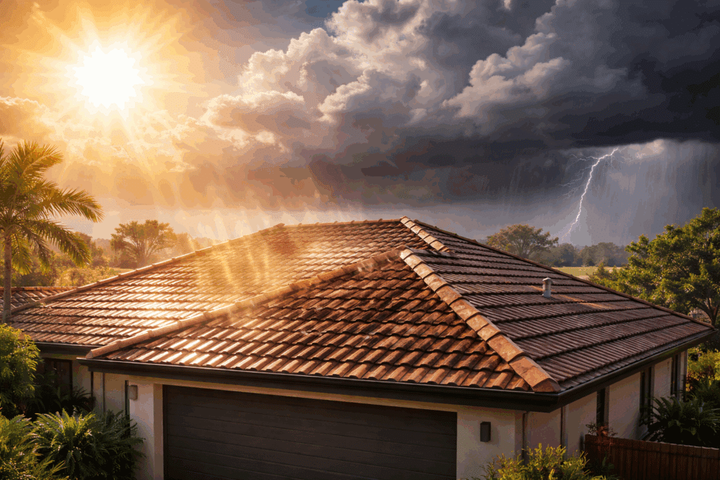 Why Brisbane Homeowners Are Switching to Metal Roofing That Lasts Decades 3 Roof exposed to Brisbane's extreme heat and storm conditions highlighting climate impact on roofing materials.