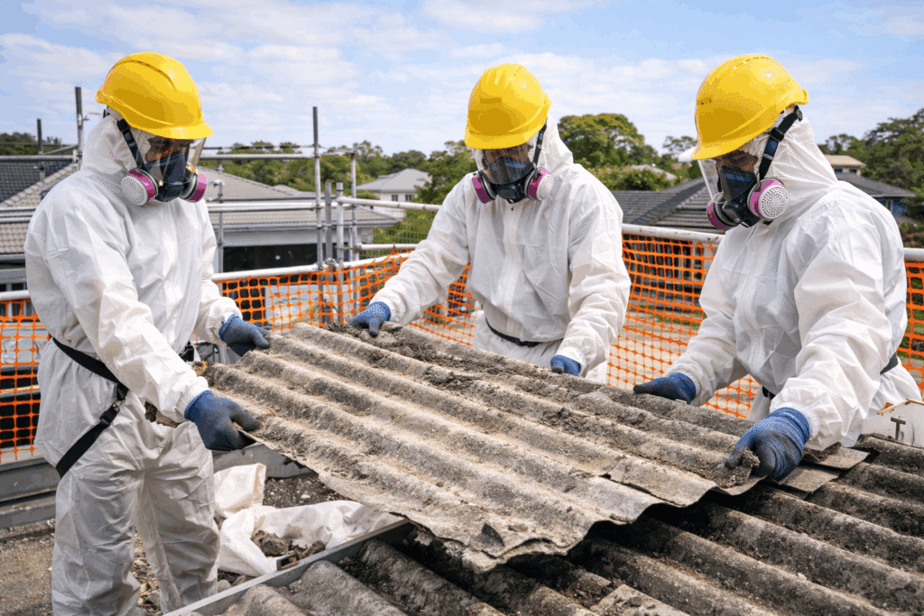 Licensed roofing professionals safely removing an asbestos roof using protective equipment