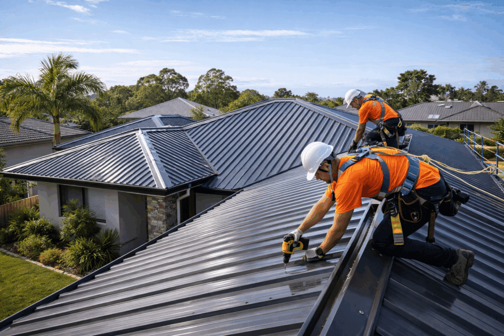 Licensed roofing professionals installing a metal roof on a Brisbane residential property.