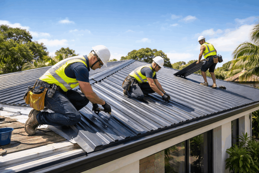 Why Brisbane Homeowners Are Switching to Metal Roofing That Lasts Decades 5 Licensed roofing professionals installing a metal roof on a Brisbane residential property.
