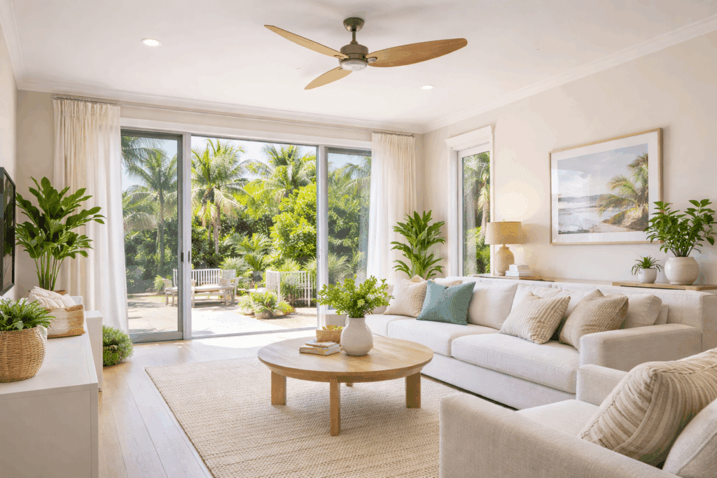 How a New Metal Roof Can Lower Your Brisbane Home Cooling Costs 5 Cool and comfortable Brisbane living room made more efficient by a modern metal roof.