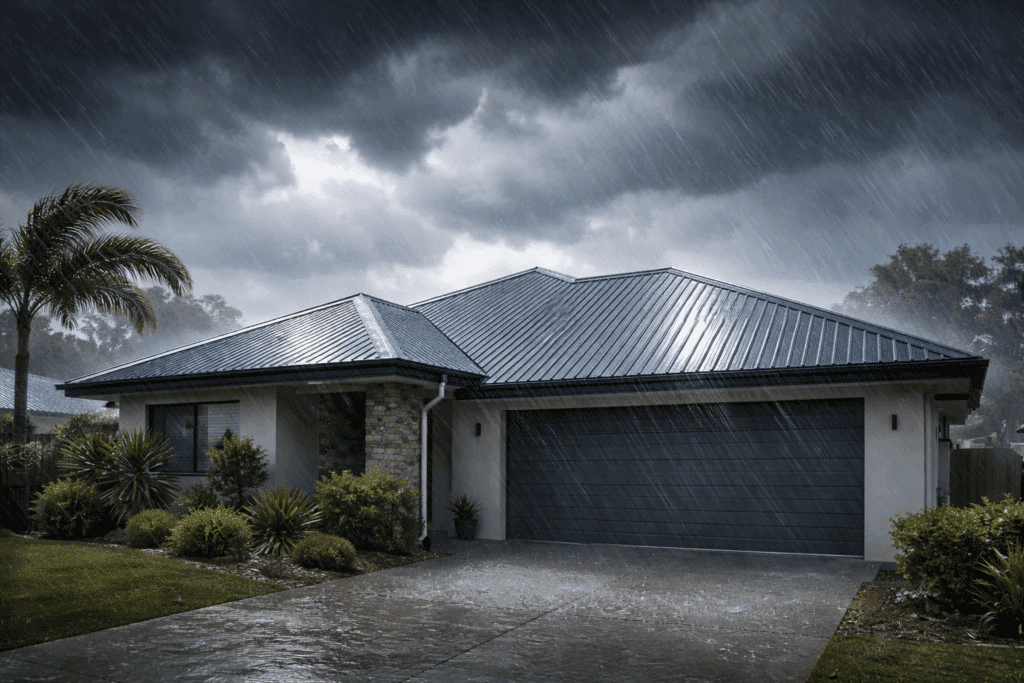 Metal roof on a Brisbane home shedding heavy rain efficiently during a severe storm.