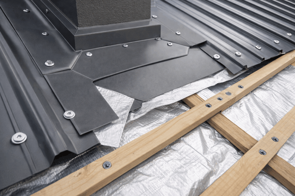 Close-up view of metal roof flashing, fixings, and sarking designed to prevent future leaks.