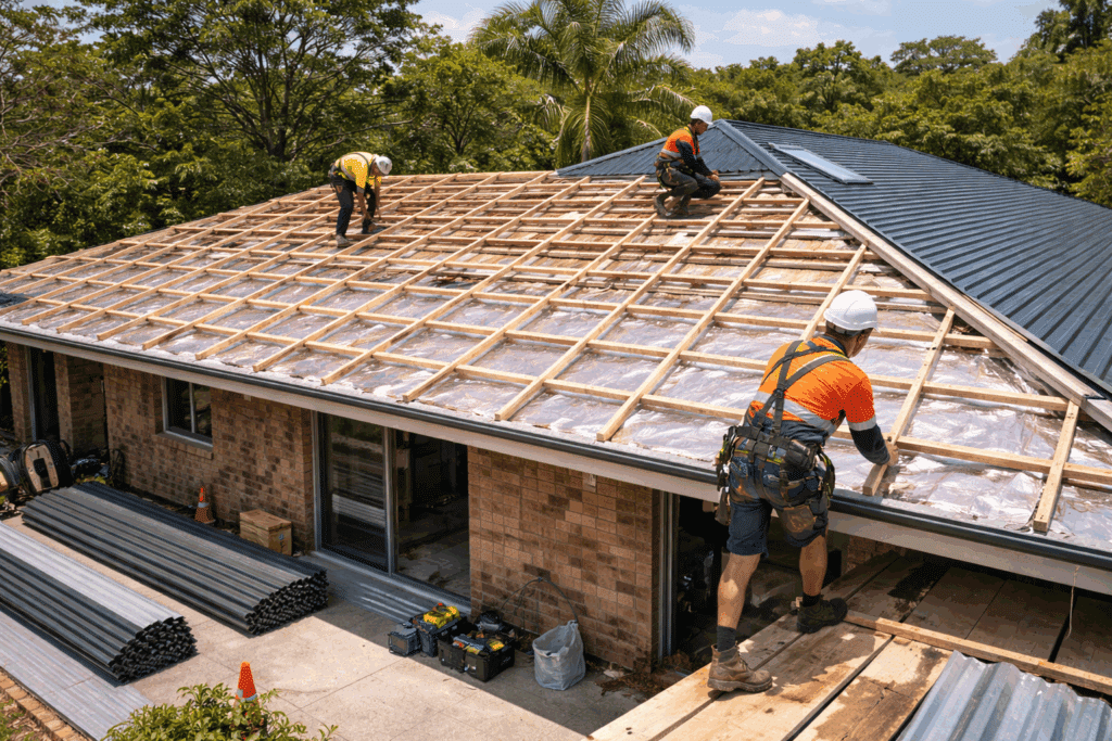Roof structure exposed during a full metal reroof on a Brisbane home