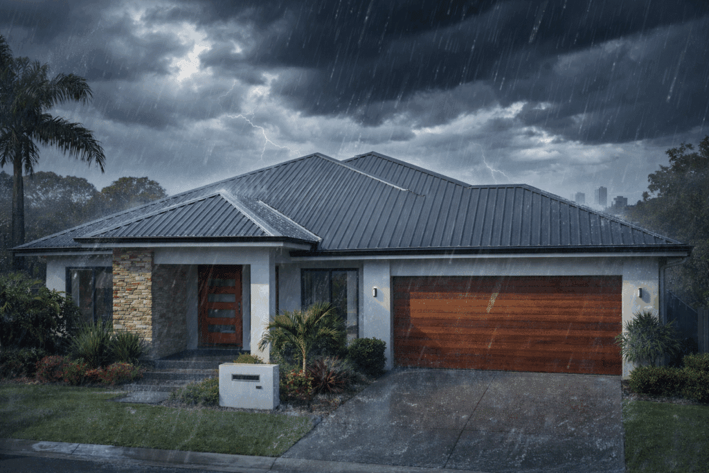 Metal roofing system protecting a Brisbane home during heavy rain and storm conditions