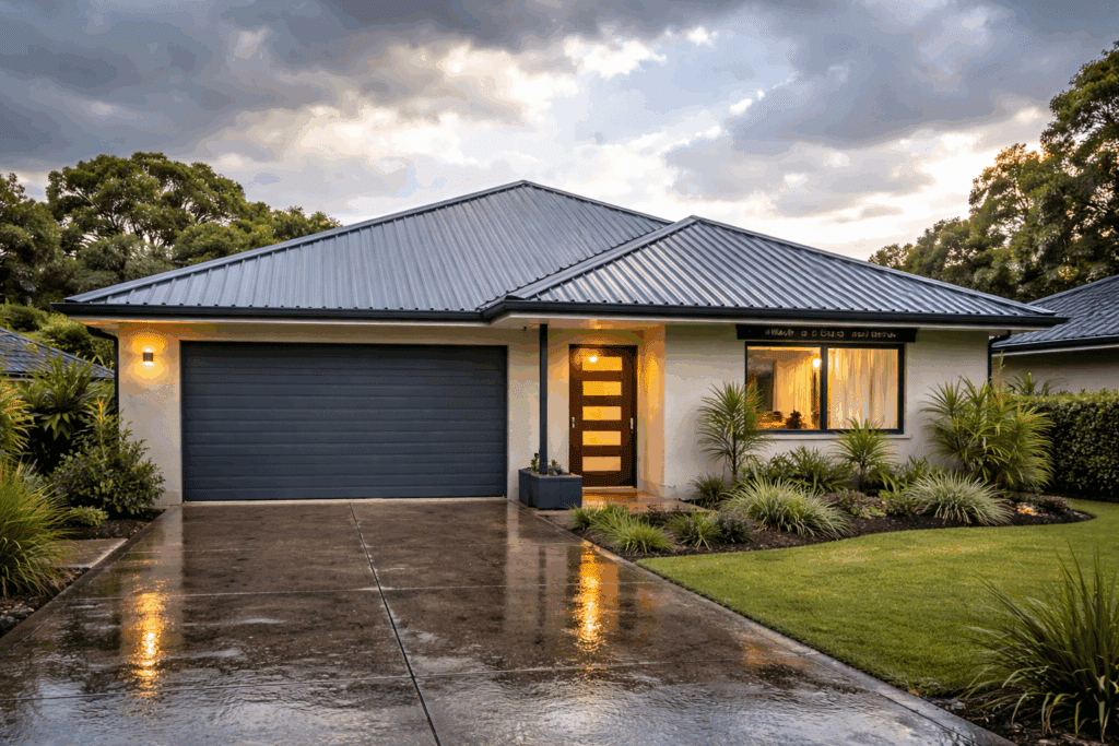 Newly installed metal roof protecting a Brisbane home after heavy rainfall and storm conditions.