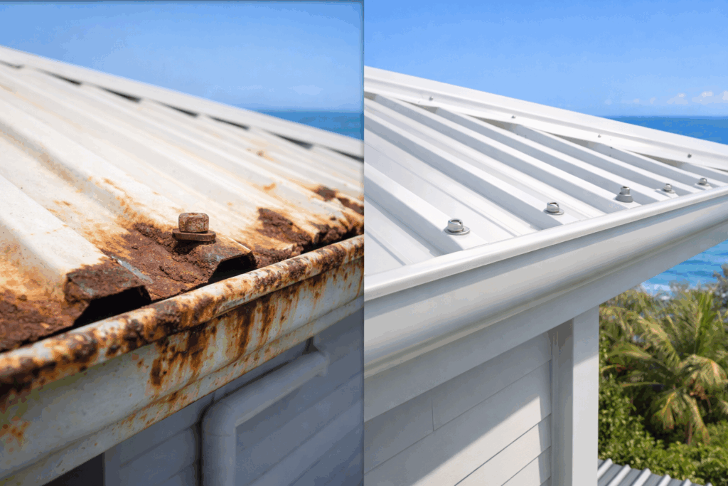 Why Metal Roofing Is the Top Choice for Coastal Brisbane Properties 3 Comparison of salt-corroded roofing components versus corrosion-resistant coastal-grade metal roofing.