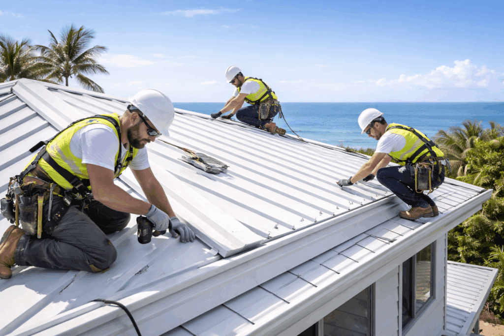 Why Metal Roofing Is the Top Choice for Coastal Brisbane Properties 5 Professional roofing specialists installing a metal roof on a coastal Brisbane property.