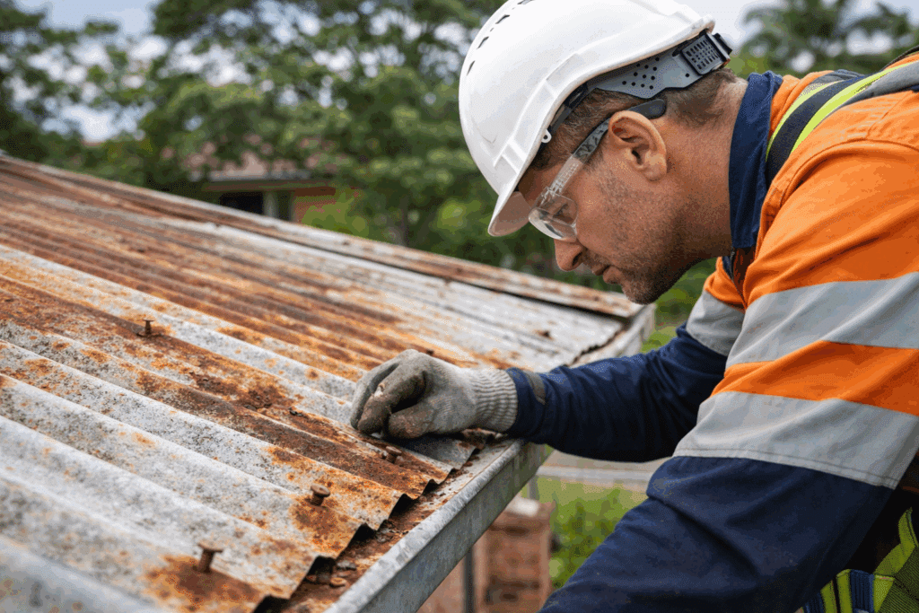Roofer inspecting corrosion and fixings on an ageing metal roof in Brisbane