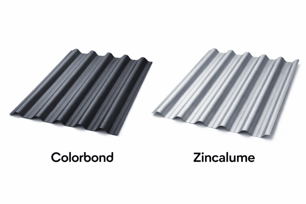 Visual comparison of Colorbond and Zincalume metal roofing materials used in Brisbane reroofing projects