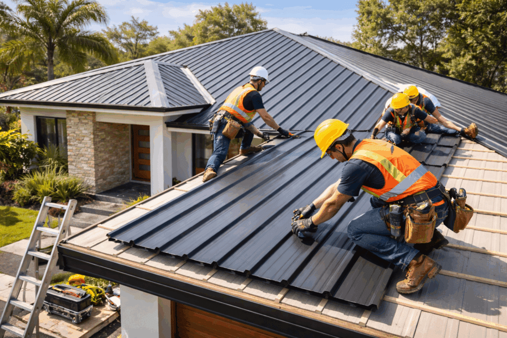 Licensed roofing professionals installing a new metal roof on a Brisbane home