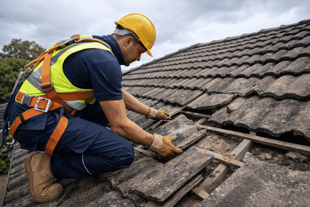 Roofing specialist inspecting cracked tiles and roof battens to identify causes of ongoing roof leaks.
